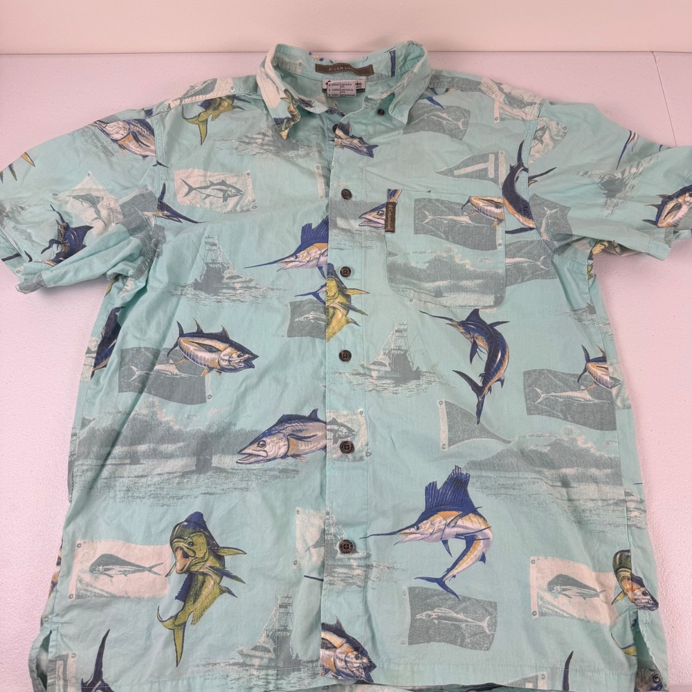 Columbia‎ Sportswear River Lodge Mens Small Teal Marlin Mahi Mahi Fishing Shirt